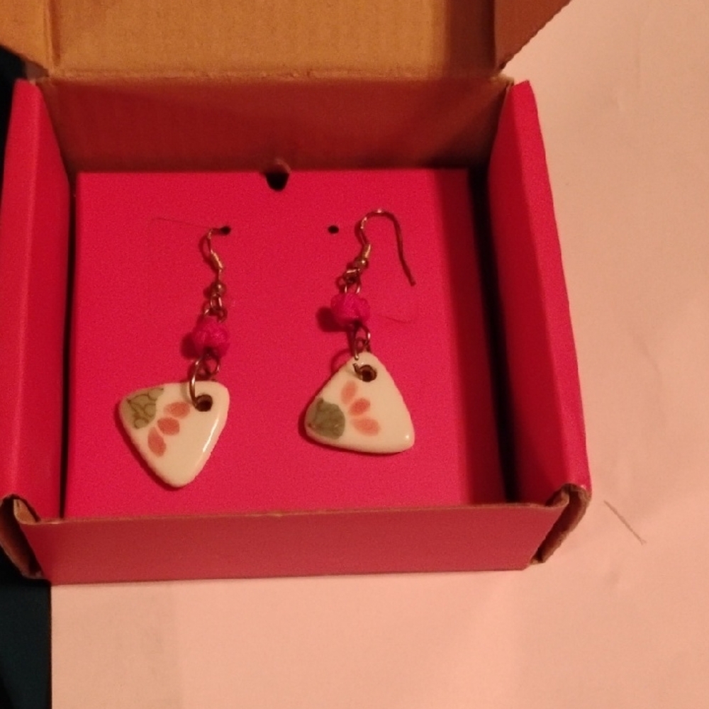 Triangular Ceramic Earrings with Pink and Green Accents